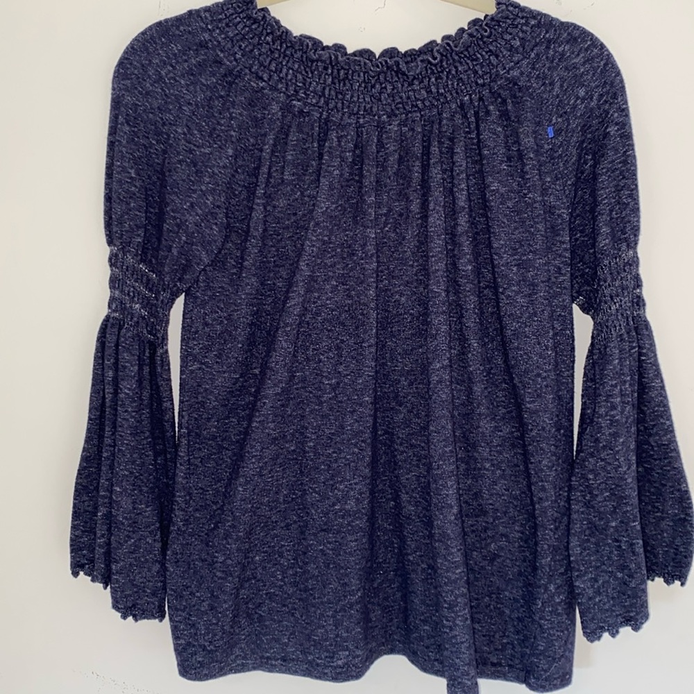 J. McLaughlin bell sleeve elastic shirred neckline navy heathered knit top Sz M